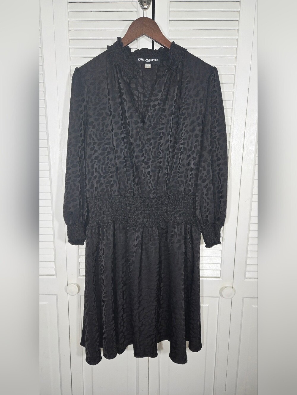 Karl Lagerfeld Long Sleeve Black Jacquard Ruffled Mock Collar Mini Dress 14